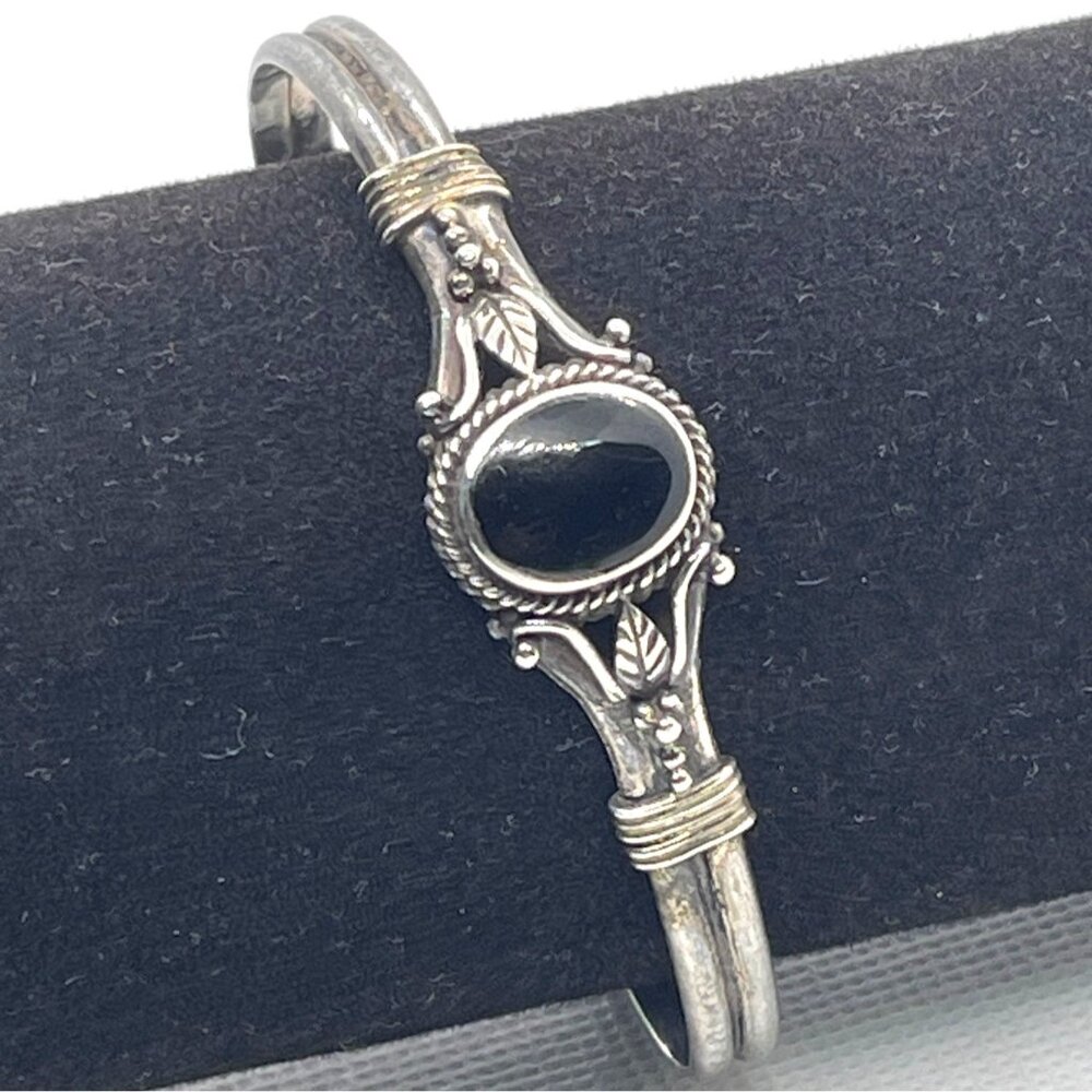 925 Sterling Silver Black Onyx Oval Cabochon Cuff Bracelet Native American VTG